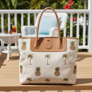 Scala Collezione Tote Bag Handcrafted Leather Canvas Palm Trees Shoulder Bag
